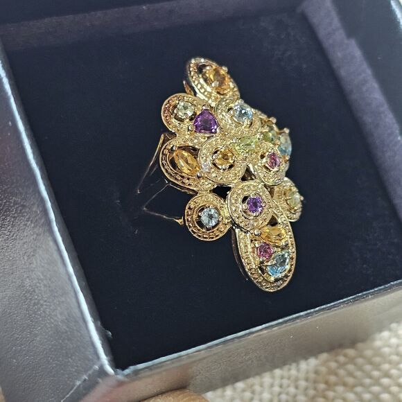 FELICIA DESIGNS FD Gold Technibond Multi Gemstone Filigree 925 Ring 6 - Picture 2 of 10